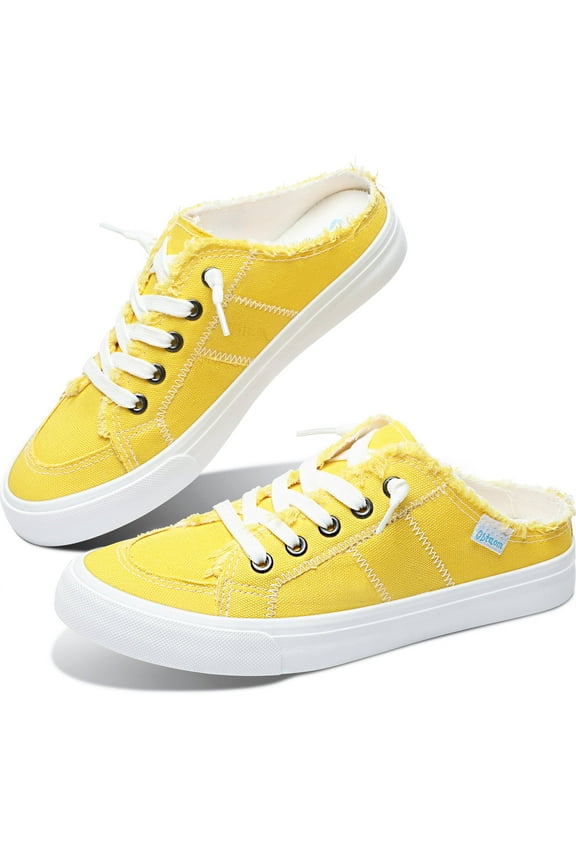 Women Canvas Mules Memory Foam Clipper Fashion Sneakers Comfortable Slip-On Mule Backless Holiday Shoes(Lemon Yellow US8)