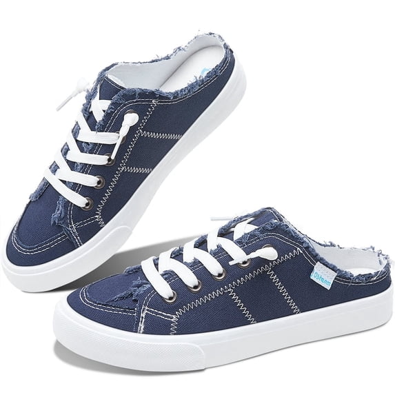 Obtaom Women Canvas Mules Memory Foam Clipper Fashion Sneakers Comfortable Slip-On Mule Backless Holiday Shoes(Navy Canvas US8)