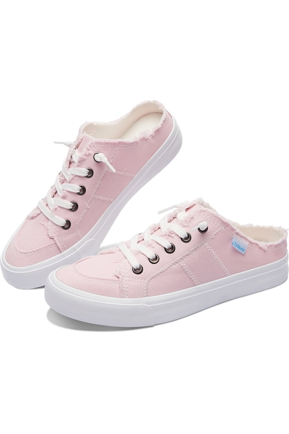 Women Canvas Mules Memory Foam Clipper Fashion Sneakers Comfortable Slip-On Mule Backless Holiday Shoes(PINK US8)