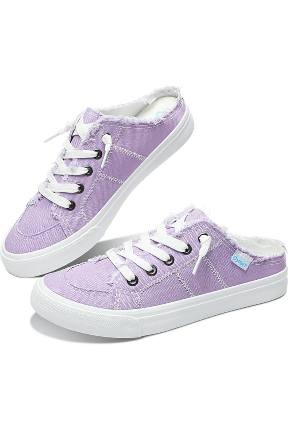 Women Canvas Mules Memory Foam Clipper Fashion Sneakers Comfortable Slip-On Mule Backless Holiday Shoes(Purple US6)