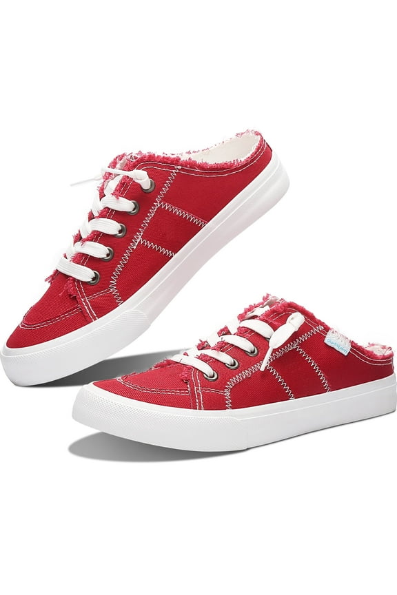 Women Canvas Mules Memory Foam Clipper Fashion Sneakers Comfortable Slip-On Mule Backless Holiday Shoes（Red Canvas US8）