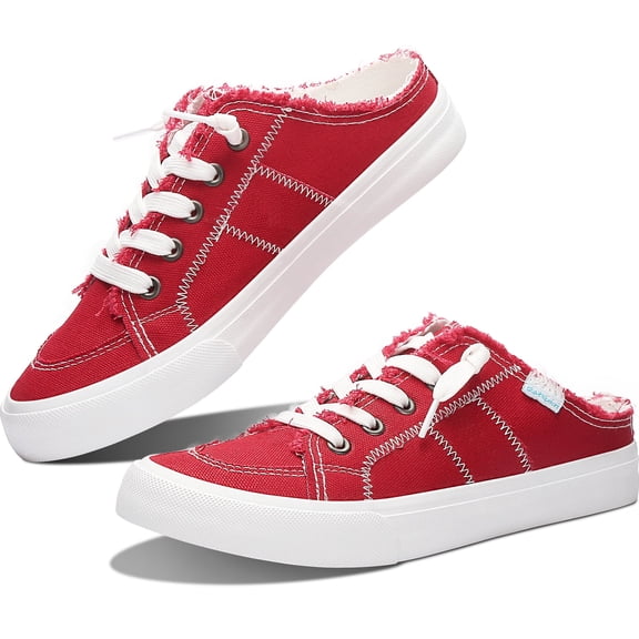 Obtaom Women Canvas Mules Memory Foam Clipper Fashion Sneakers Comfortable Slip-On Mule Backless Holiday Shoes(Red Canvas US9)