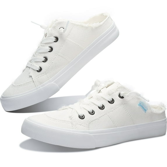 Obtaom Women Canvas Mules Memory Foam Clipper Fashion Sneakers Comfortable Slip-On Mule Backless Holiday Shoes(White Canvas US10)