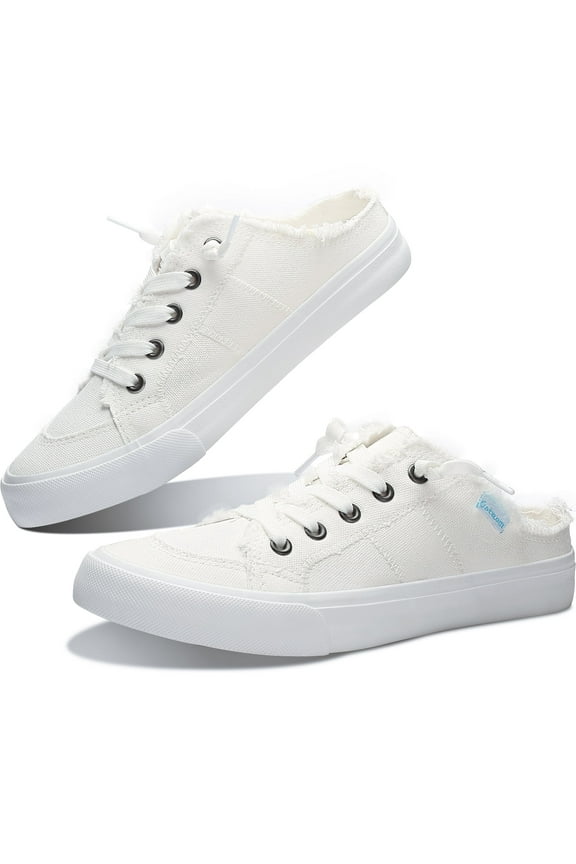 Women Canvas Mules Memory Foam Clipper Fashion Sneakers Comfortable Slip-On Mule Backless Holiday Shoes(White Canvas US7)