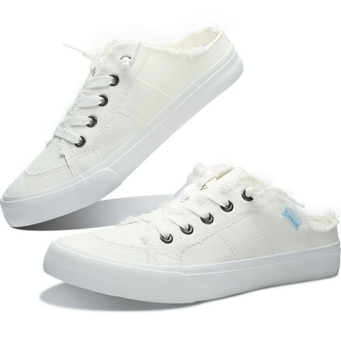 Women Canvas Mules Memory Foam Clipper Fashion Sneakers Comfortable Slip-On Mule Backless Holiday Shoes（White Canvas US8）