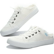 Obtaom Women Canvas Mules Memory Foam Clipper Fashion Sneakers Comfortable Slip-On Mule Backless Holiday Shoes White Canvas US8