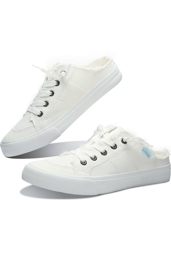 Women Canvas Mules Memory Foam Clipper Fashion Sneakers Comfortable Slip-On Mule Backless Holiday Shoes(White Canvas US6)
