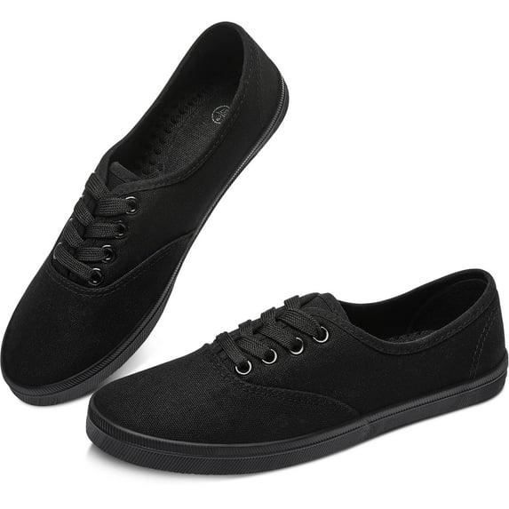 Obtaom Women’s Canvas Sneakers Fashion Lace Up Canvas Shoes,Low Top Casual Flat,Lightweight Tennis Shoes.(All Black,US8)