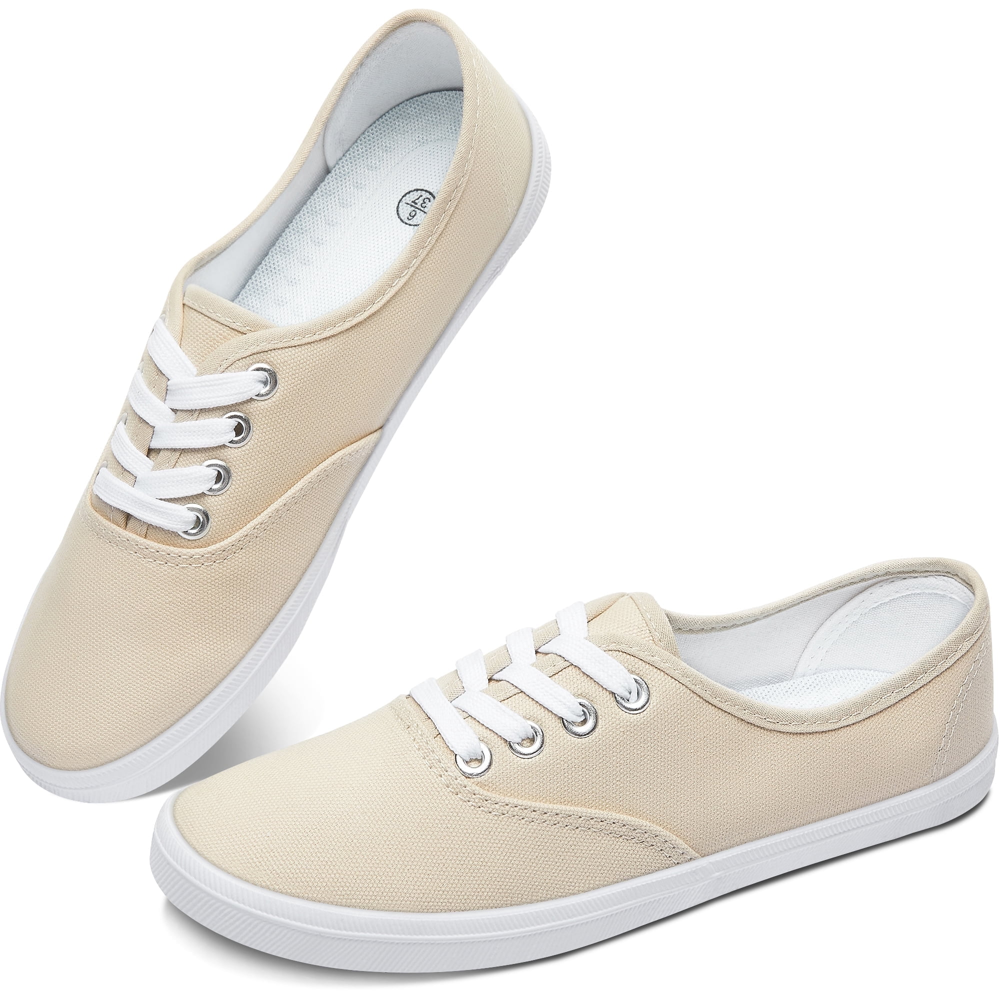 Obtaom Women’s Canvas Sneakers Fashion Lace Up Canvas Shoes,Low Top Casual Flat,Lightweight Tennis Shoes.(Beige,US9)