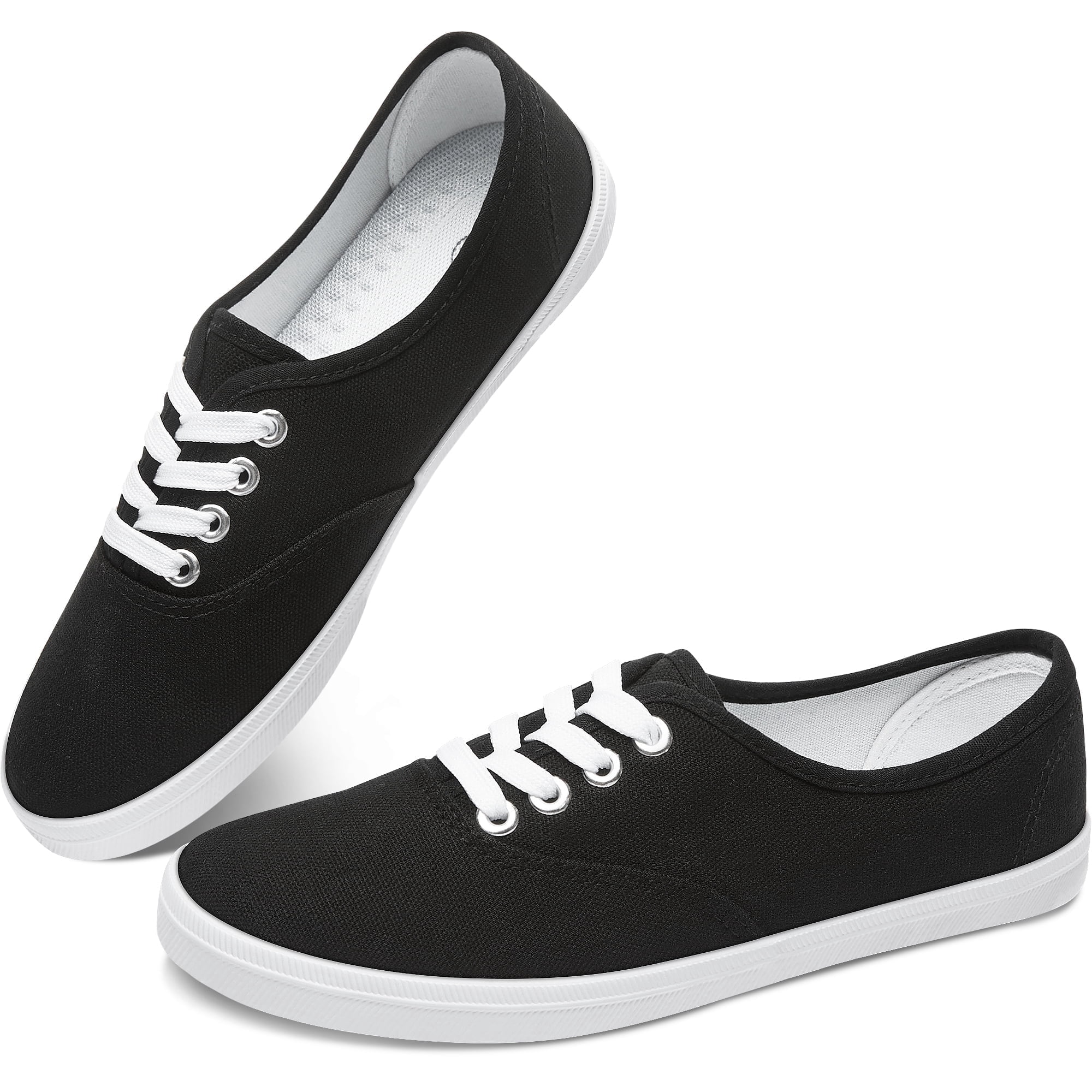 Obtaom Women’s Canvas Sneakers Fashion Lace Up Canvas Shoes,Low Top Casual Flat,Lightweight Tennis Shoes.(Black,US10)