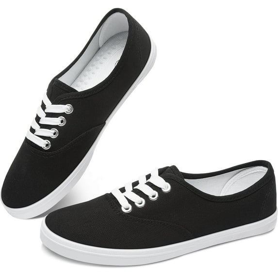 Obtaom Women’s Canvas Sneakers Fashion Lace Up Canvas Shoes,Low Top Casual Flat,Lightweight Tennis Shoes.(Black,US10)
