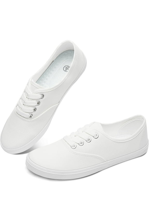Women’s Canvas Sneakers Fashion Lace Up Canvas Shoes,Low Top Casual Flat,Lightweight Tennis Shoes.(White,US10)