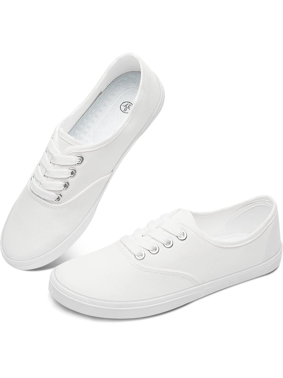Women’s Canvas Sneakers Fashion Lace Up Canvas Shoes,Low Top Casual Flat,Lightweight Tennis Shoes.(White,US5)
