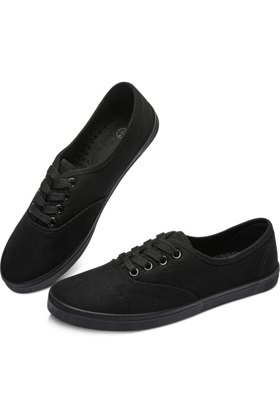 Women’s Canvas Sneakers Fashion Lace up Canvas Shoes,Low Top Casual Flat,Lightweight Tennis Shoes.(All Black,US10)