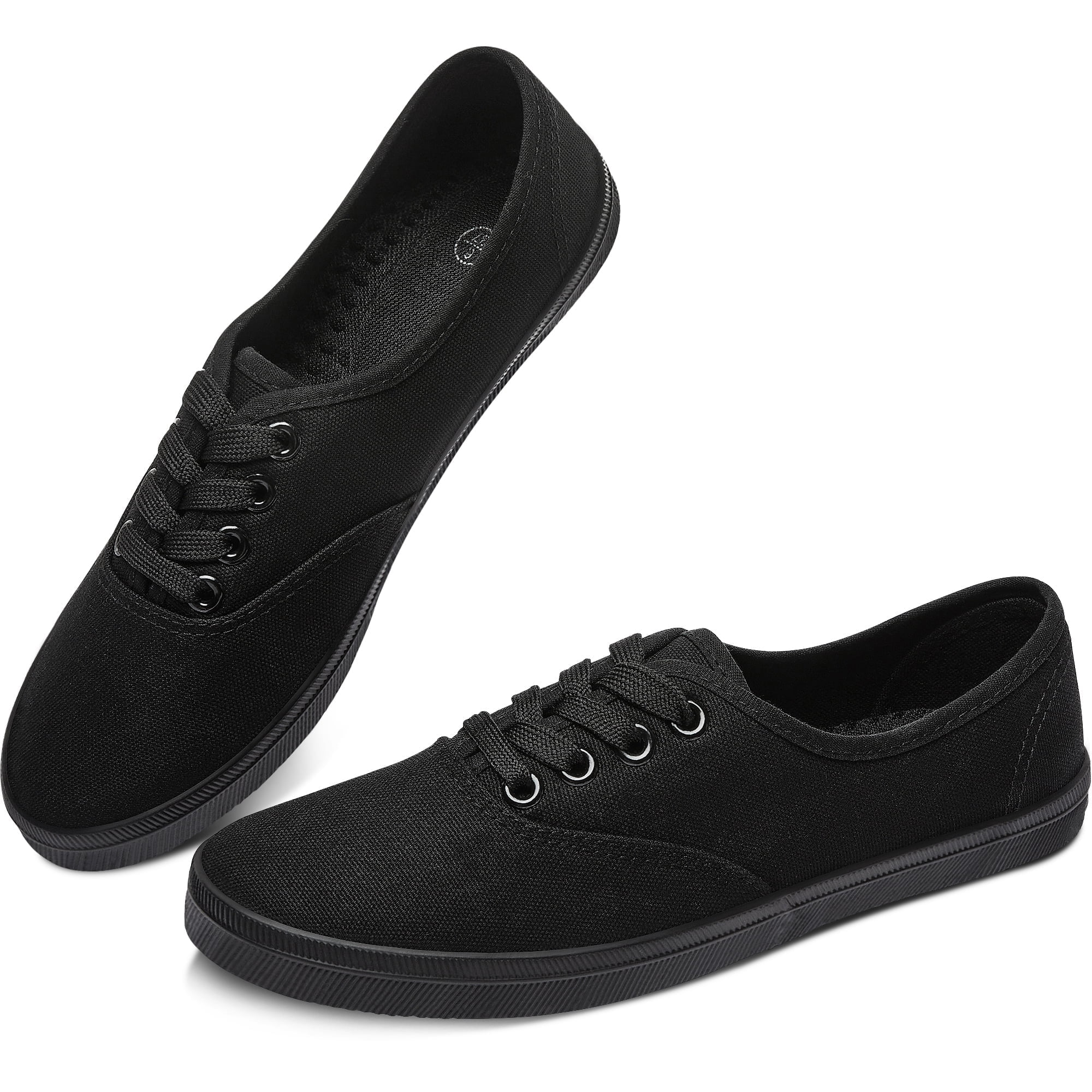 Obtaom Women’s Canvas Sneakers Fashion Lace up Canvas Shoes,Low Top Casual Flat,Lightweight Tennis Shoes.(All Black,US7)