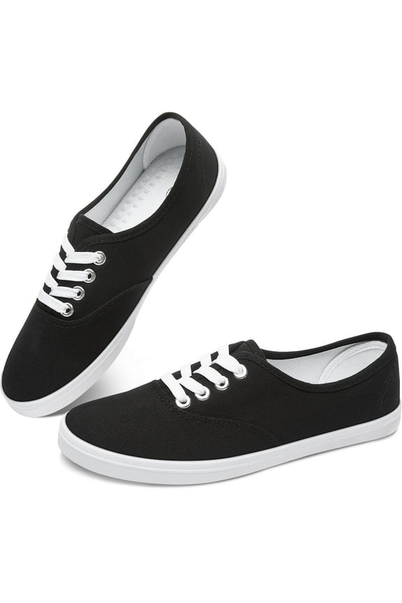 Women’s Canvas Sneakers Fashion Lace up Canvas Shoes,Low Top Casual Flat,Lightweight Tennis Shoes.(Black,US11)