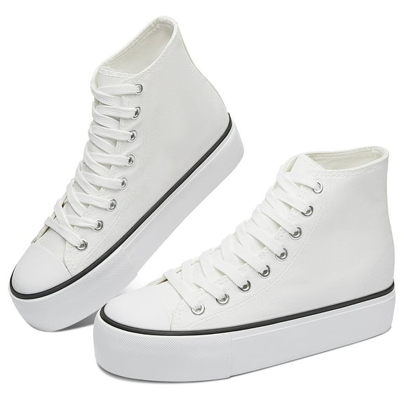 Obtaom Women’s Platform High Top Canvas Shoes Comfy Platform Hi Top Canvas Fashion Sneakers For women Cute Mid Calf Canvas Thick Sole Walking Shoes(White US5)