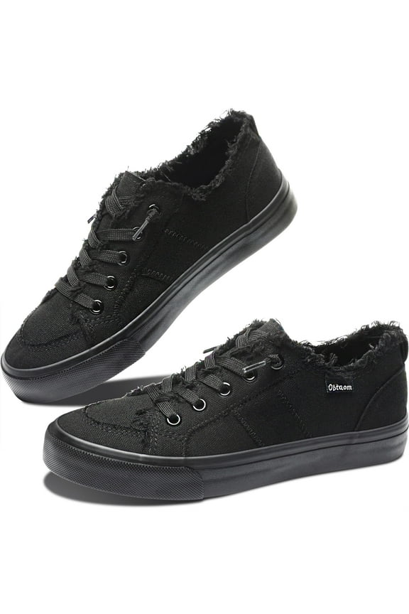 Women's Play Fashion Sneaker All Black Comfortable Walking Shoes Canvas Slip on Shoes(All Black US5)