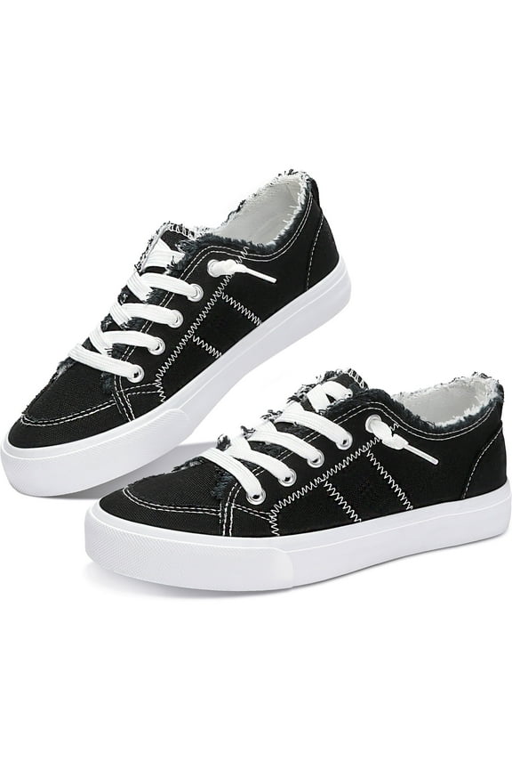 Women's Play Fashion Sneaker Black Color Washed Canvas Slip on Shoes(Black US5)