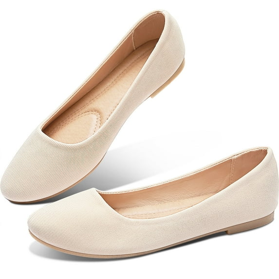 Obtaom Women's Round Toe Ballet Flats,Cute Textile Ballerina Flats,Comfortable Faux Leather Insole Low Heels Dress Shoes For Ladies(Beige US6)