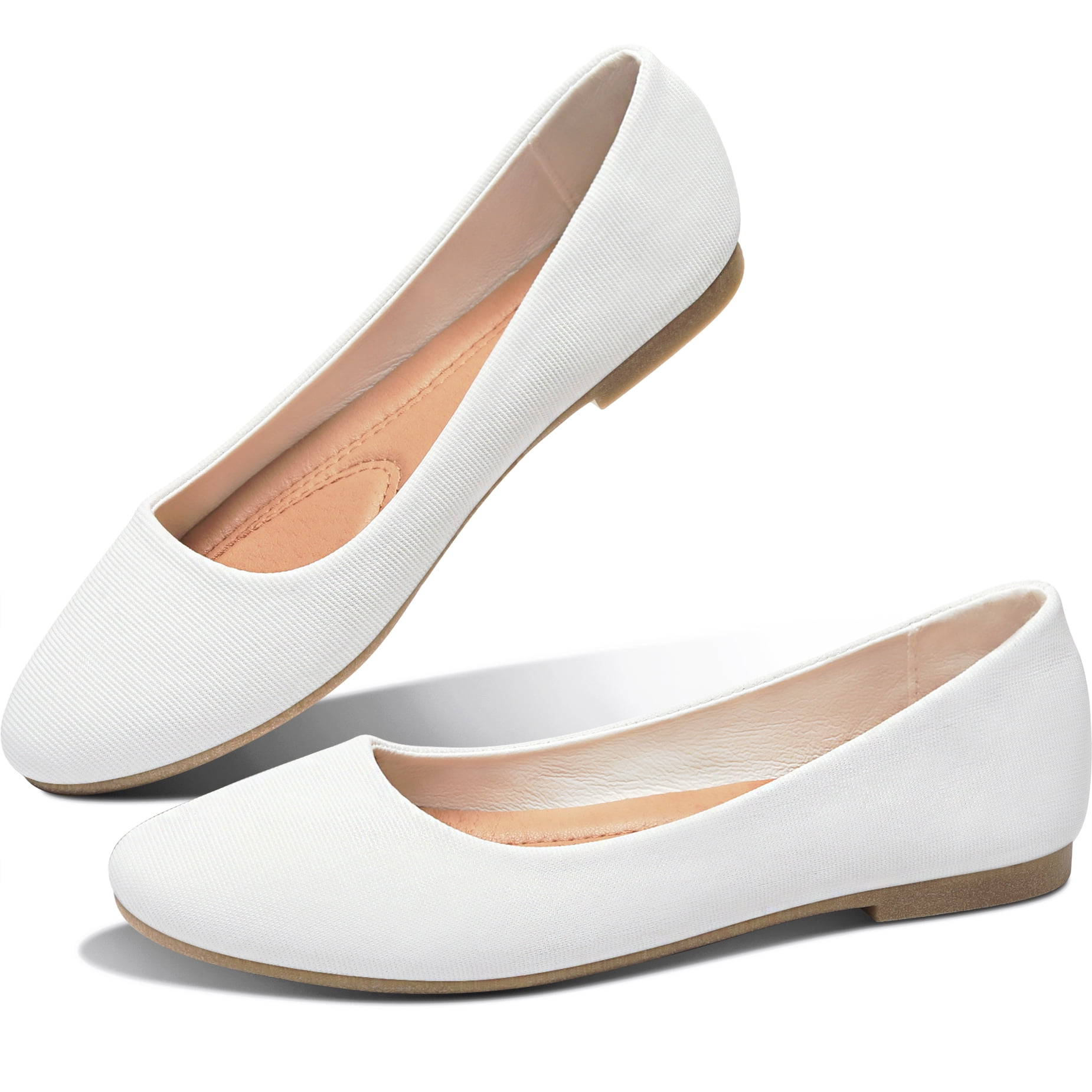 Obtaom Women s Round Toe Ballet Flats Cute Textile Ballerina Flats Comfortable Faux Leather Insole Low Heels Dress Shoes For Ladies White US11