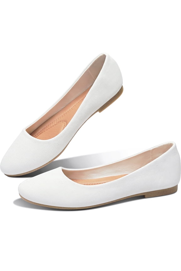 Women's Round Toe Ballet Flats,Cute Textile Ballerina Flats,Comfortable Faux Leather Insole Low Heels Dress Shoes For Ladies (White,US9)