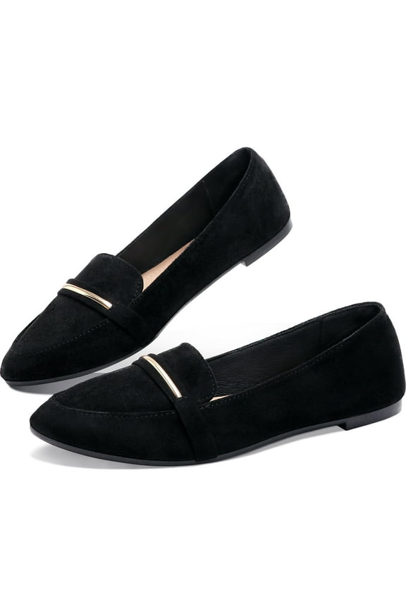 Women’s Stylish Pointy Toe Loafer Flat ,Comfortable Faux Suede Ballet Flat, Elegant Work Penny Shoes ,Cute Pointed Toe Dress Shoes For Ladies (Black,US8)