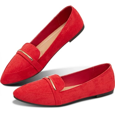 Obtaom Women’s Stylish Pointy Toe Loafer Flat ,Comfortable Faux Suede Ballet Flat, Elegant Work Penny shoes ,Cute Pointed Toe Dress Shoes for Ladies (Red,US7)