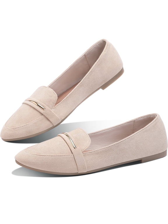 Women’s Stylish Pointy Toe Loafer Flat ,Comfortable Faux Suede Ballet Flat, Elegant Work Penny shoes ,Cute Pointed Toe Dress shoes for Ladies (Beige,US7)