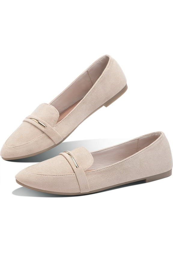 Women’s Stylish Pointy Toe Loafer Flat ,Comfortable Faux Suede Ballet Flat, Elegant Work Penny shoes ,Cute Pointed Toe Dress shoes for Ladies (Beige,US6)