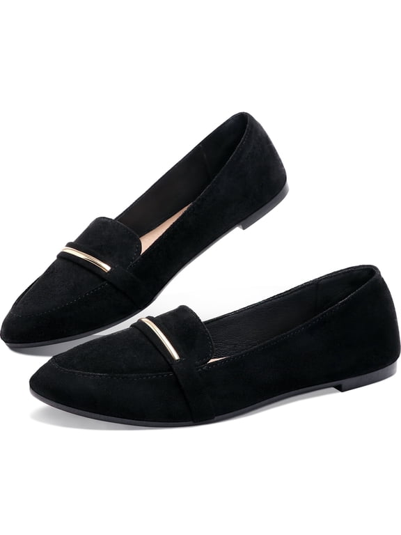 Women’s Stylish Pointy Toe Loafer Flat ,Comfortable Faux Suede Ballet Flat, Elegant Work Penny shoes ,Cute Pointed Toe Dress shoes for Ladies (Black,US9)
