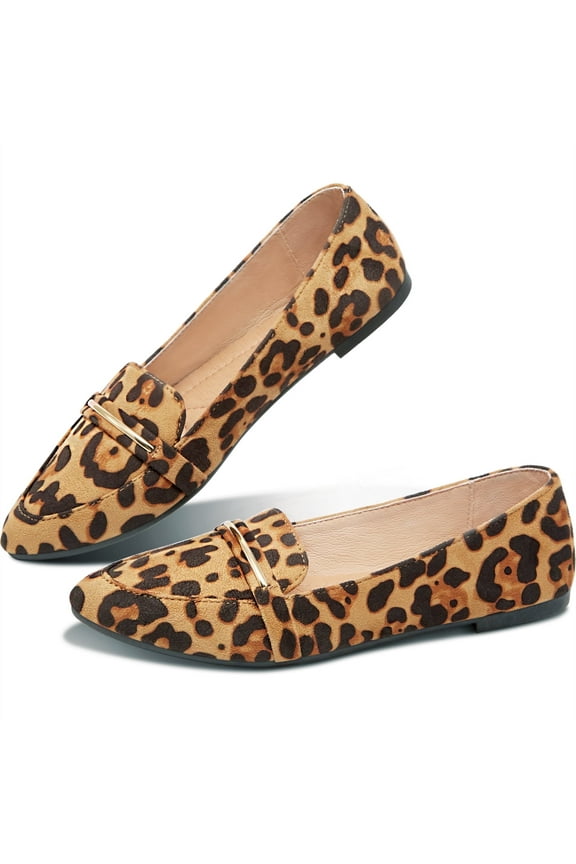 Women’s Stylish Pointy Toe Loafer Flat ,Comfortable Faux Suede Ballet Flat, Elegant Work Penny shoes ,Cute Pointed Toe Dress shoes for Ladies (Leopard,US10)