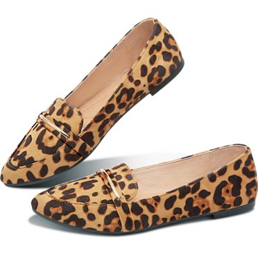 Obtaom Women’s Stylish Pointy Toe Loafer Flat ,Comfortable Faux Suede Ballet Flat, Elegant Work Penny shoes ,Cute Pointed Toe Dress shoes for Ladies (Leopard,US9)