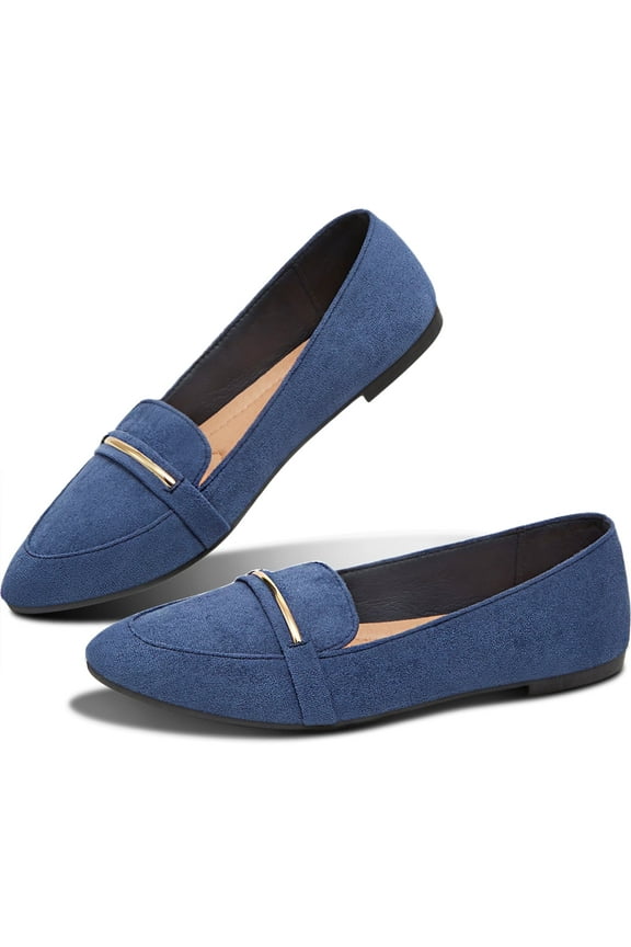 Women’s Stylish Pointy Toe Loafer Flat ,Comfortable Faux Suede Ballet Flat, Elegant Work Penny shoes ,Cute Pointed Toe Dress shoes for Ladies (Navy,US9)