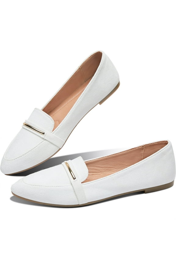 Women’s Stylish Pointy Toe Loafer Flat ,Comfortable Faux Suede Ballet Flat, Elegant Work Penny shoes ,Cute Pointed Toe Dress shoes for Ladies (White,US9)