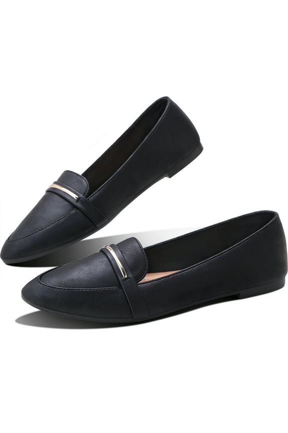 Women's Stylish Pointy Toe Loafer Flat ,Comfortable Pu Leather Ballet Flat, Elegant Work Penny shoes ,Cute Pointed Toe Dress shoes for Ladies (Black PU,US7)