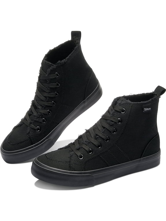 Womens High Top Canvas Casual Sneakers,Fashion Mid Lace up Canvas Shoes,Comfortable Linen Shoes For Lady(All Black,US8)