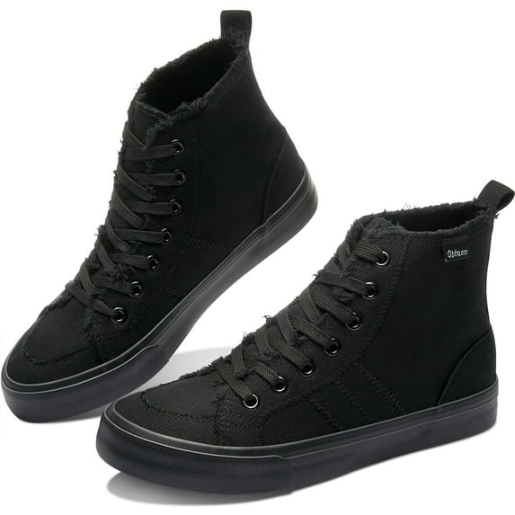 Obtaom Womens High Top Canvas Casual Sneakers,Fashion Mid Lace up Canvas Shoes,Comfortable Linen Shoes For Lady(All Black,US8)