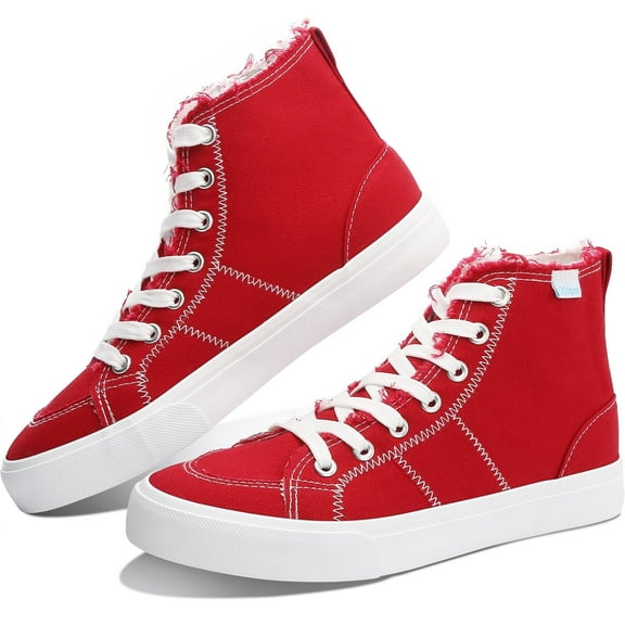Obtaom Womens High Top Canvas Sneakers Play Mid Fashion Sneaker Casual Lace up Canvas Shoes(Red,US8)