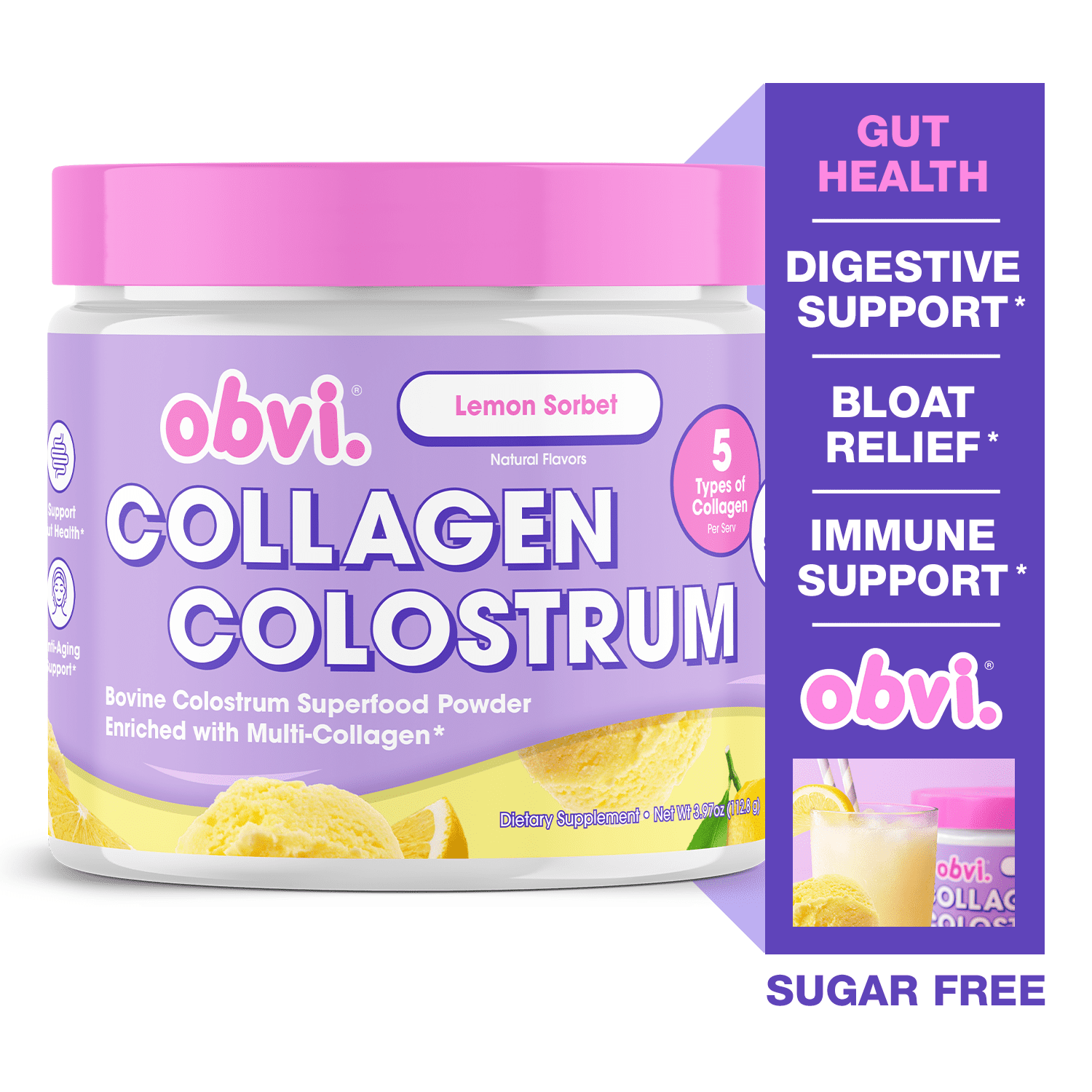 Obvi Collagen Colostrum Supplement, Five Types of Collagen, Probiotics & Digestive Support, Lemon Sorbet, 25 Servings