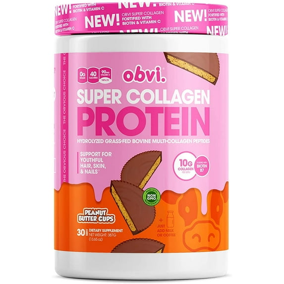 Obvi Collagen Peptides, Protein Powder, Keto, Gluten and Dairy Free, Hydrolyzed Grass-Fed Bovine Collagen Peptides, Supports Gut Health, Healthy Hair, Skin, Nails (Peanut Butter Cups, 14 Oz)