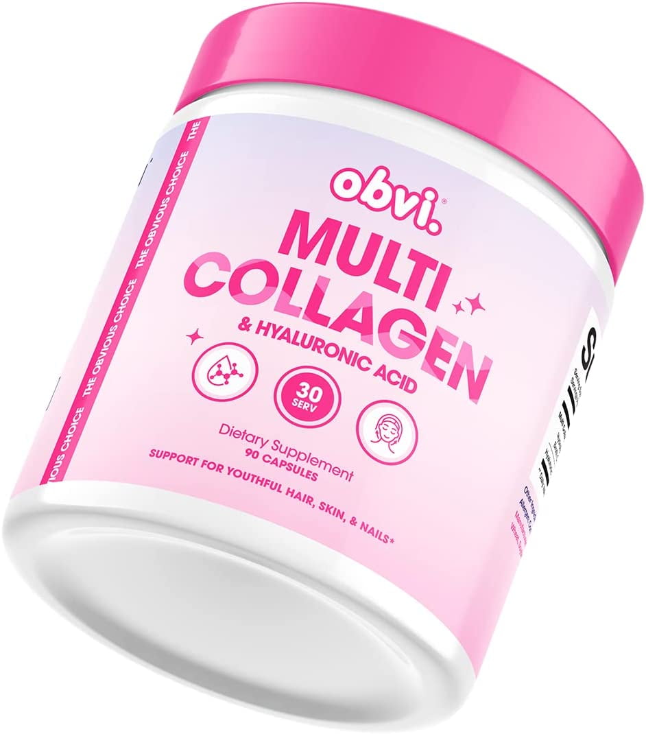 Obvi Collagen Pills, Multi Collagen and Hyaluronic Acid Supplement, Collagen Capsules for Women, Glowing Skin, Joint, Hair and Skin Support 30 Servings