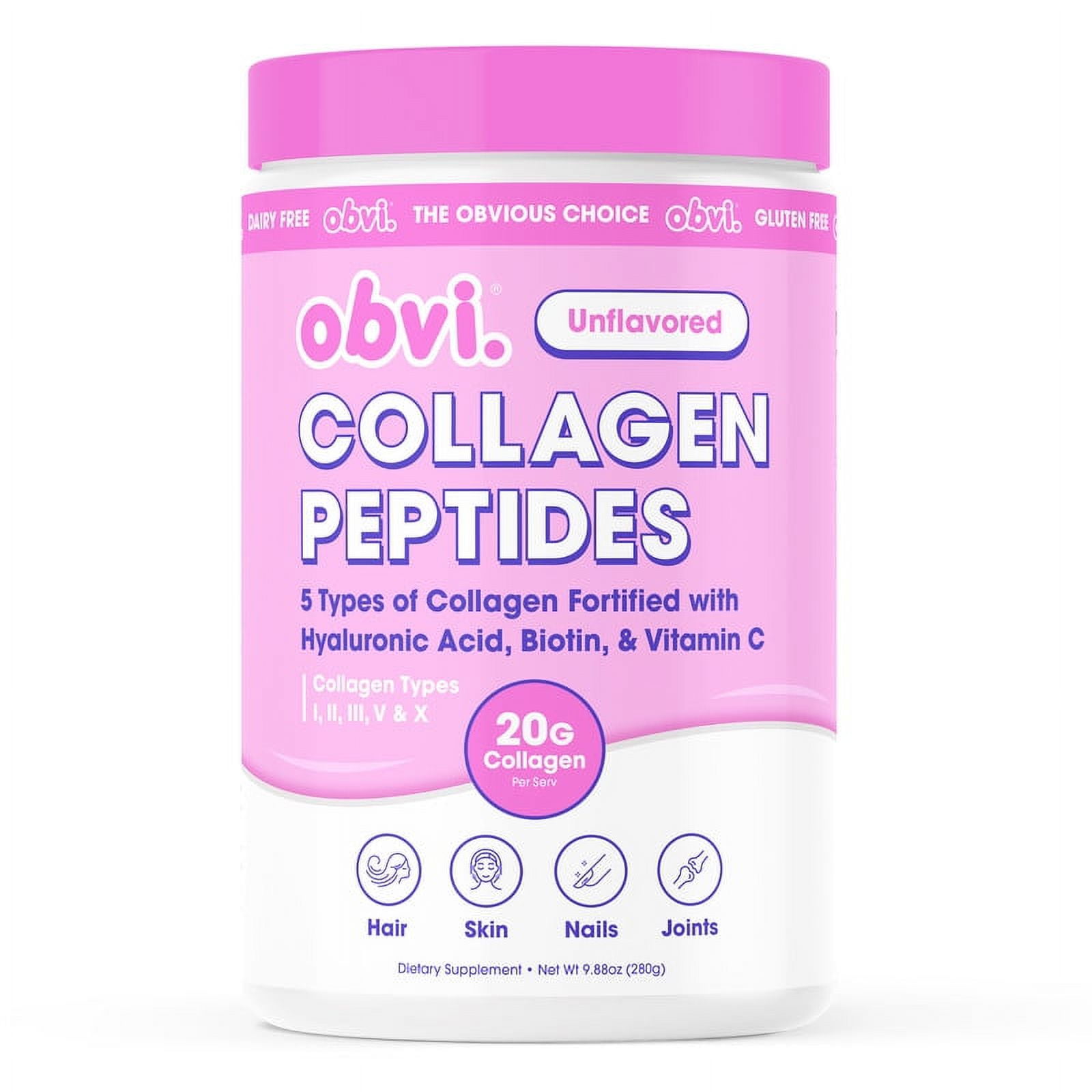 Obvi Unflavored Collagen Peptides Powder, Multi Collagen Supplement with Hyaluronic Acid, Biotin, and Vitamin C, 14 Servings