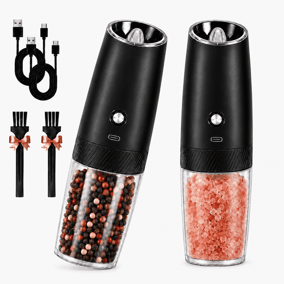 Ocalpur Electric Salt and Pepper Grinder Set, Rechargeable Gravity Pepper Mill 2 Pack with LED Light, Adjustable Ceramic Rotor, USB-C Shakers for Kitchen BBQ Camping