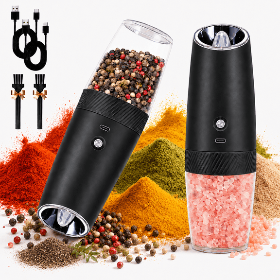 Ocalpur Electric Salt and Pepper Grinder Set, Rechargeable Gravity Pepper Mill 2 Pack with LED Light, Adjustable Ceramic Rotor, USB-C Shakers for Kitchen BBQ Camping