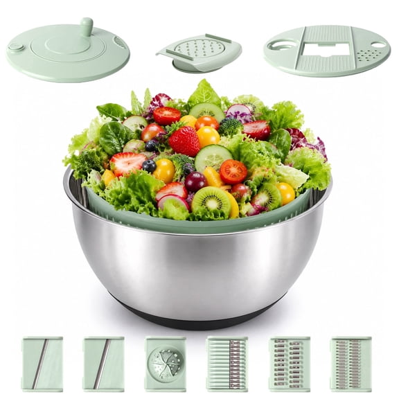 Ocalpur 3-in-1 Stainless Steel Salad Spinner, Vegetable Lettuce Spinner with 6 Blades, Vegetables Wash Bowl with Drainage Hole, Stop Button, Non-Slip Base, 4.76Qt