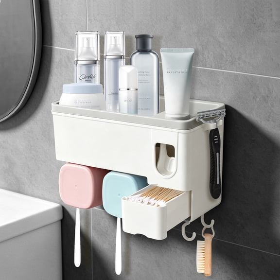 Ocalpur Wall Mounted Toothbrush Holders for Bathroom, Toothbrush Holder with Toothpaste Dispenser, Bathroom Organizers & Storage for Toothbrushes, 4 Toothbrush Slots and 2 Cups