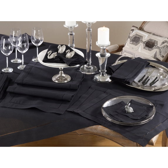 Occasion Gallery Black Classic Hemstitched Design Polyester 70" x 120" Rectangle Tablecloth, 1 piece.