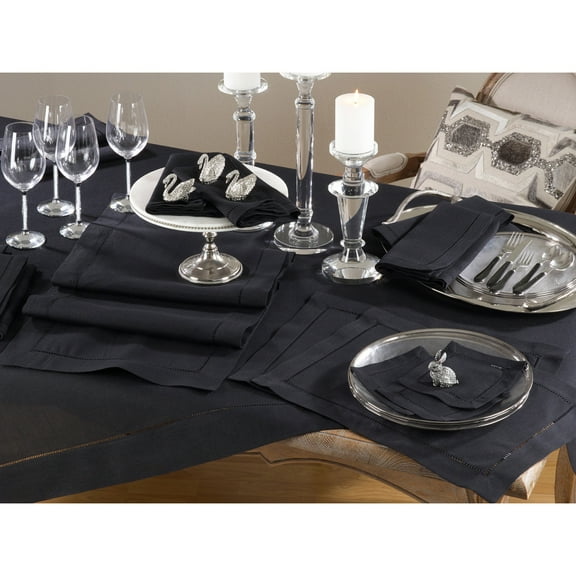Occasion Gallery Black Classic Hemstitched Design Polyester 84" Square Tablecloth, 1 piece.