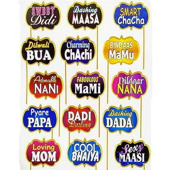 All Occasion Indian Family Photo Booth Party Props, Baby Shower Party Props for Family / Birthday Party Props for Family / Wedding Party Props for Family - Set of 15- Multi Colour